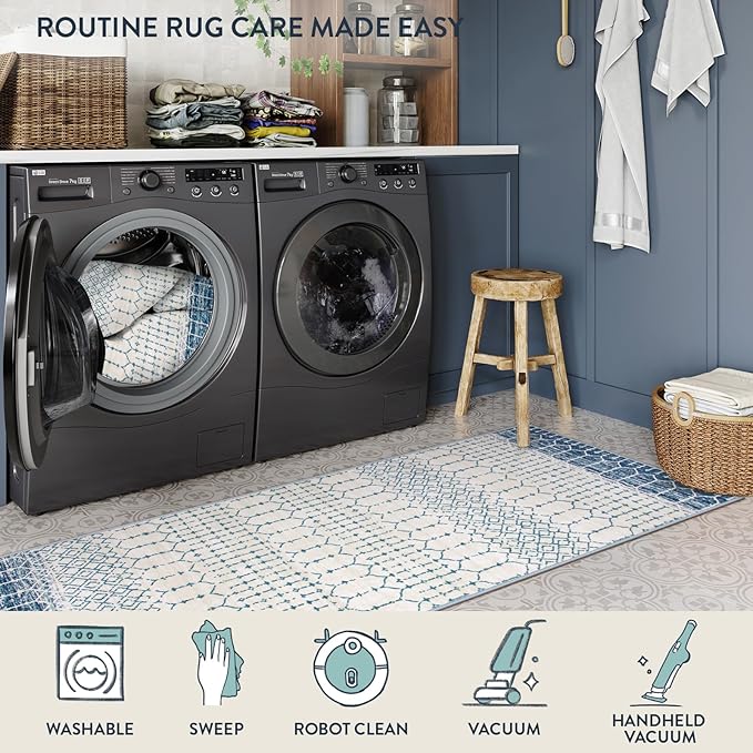Lahome Runner Rug 2x8 Hallway Rug Runner- Washable Non-Slip Kitchen Carpet Untra- Thin Throw Blue Mat, Moroccan Geometric Print Indoor Floor Mat for Entryway Laundry Bedroom