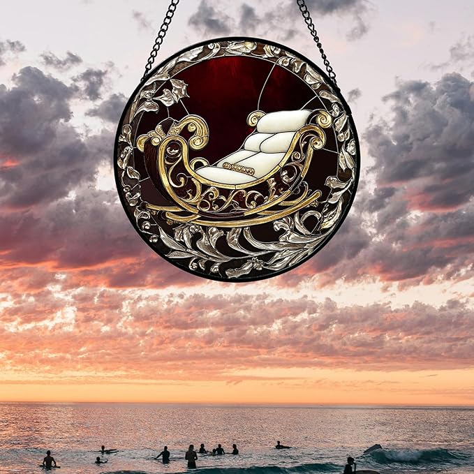 Stained Glass Window Hanging 4 Pcs Set Christmas Golden Bell Sleigh Large 11.8" - Suncatcher Door Garden Sun Catcher Decor Birthday Mother's Day Xmas Gifts for Mom Woman Nana Men Parents