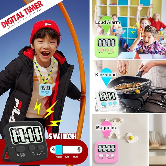 Antonki 2 Pack Digital Timer for Kids, Magnetic Countdown Kitchen Timers for Cooking, Egg, Classroom, Teacher, Exercise, Study, Oven - Battery Included