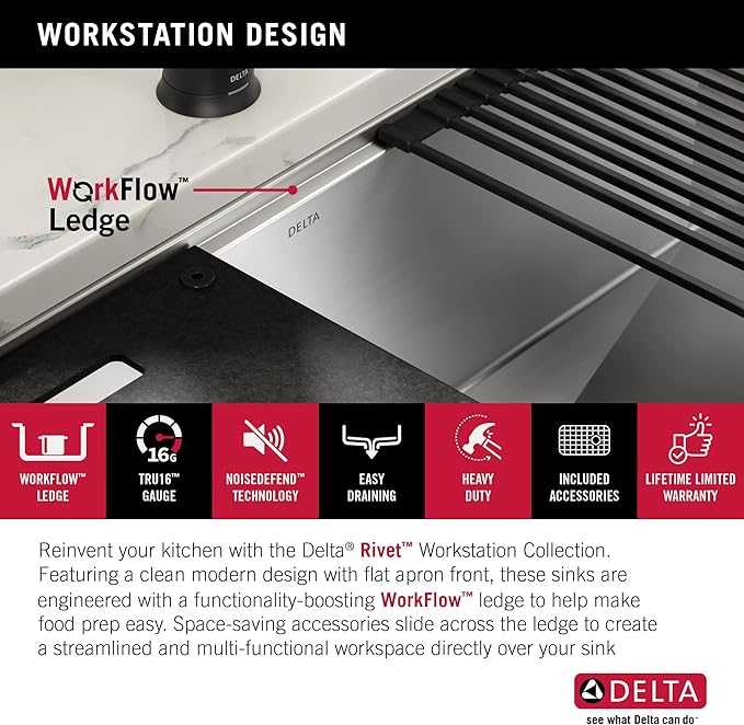 DELTA FAUCET Rivet 33-inch Workstation Farmhouse Apron Front Kitchen Sink Undermount 16 Gauge Stainless Steel Single Bowl with WorkFlow Ledge and Kit of 5 Accessories, 95C9031-33S-SS