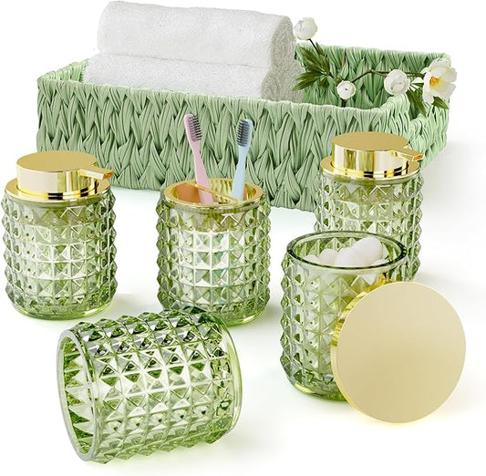 Bathroom Accessory Set with Plastic Wicker Basket,Glass Bathroom Accessories Set Green Bathroom Sets Bathroom Set, Diamond Soap Dispenser and Toothbrush Holder Set for Bathroom Decor