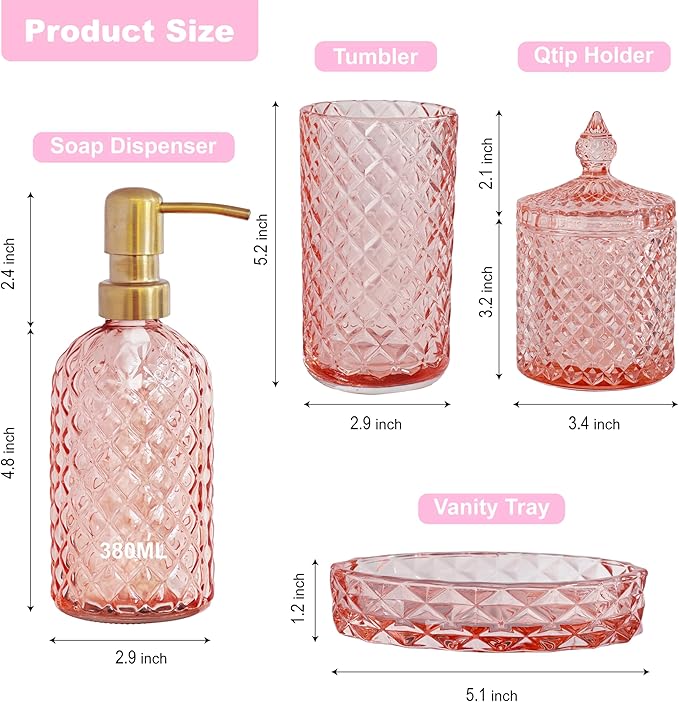 Pink Bathroom Accessories Set, 4Pcs Clear Glass Bathroom Sets Accessories, Lotion Soap Dispenser, Toothbrush Holder Set, Soap Dish, Qtip Holder for Vintage Christmas Bath Decor, Gift Set