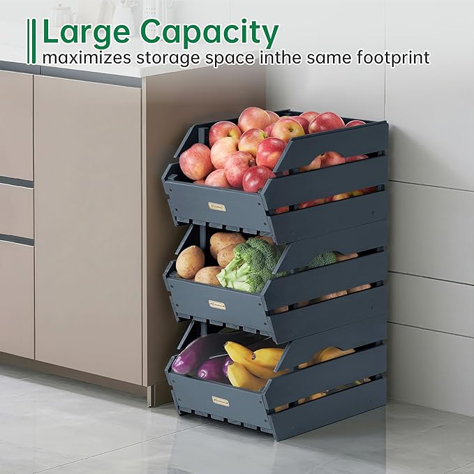 HABAU Wood Potato Onion Storage Bins - Wooden Stackable Produce Basket - Fruit Vegetable Storage for Kitchen Pantry Organization, Set 3 Pieces