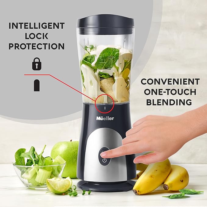 Mueller Personal Blender for Shakes and Smoothies with 15 Oz Travel Cup and Lid, Juices, Baby Food, Heavy-Duty Portable Blender & Food Processor, Grey