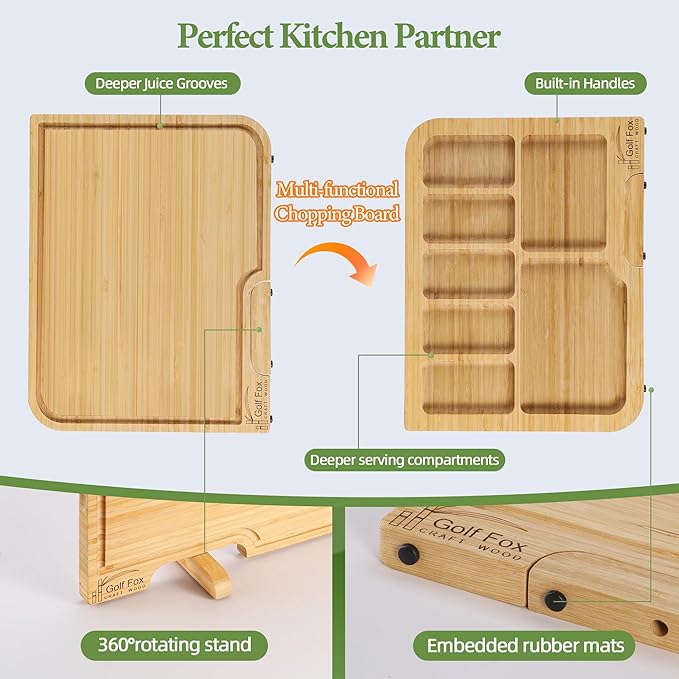 2-PCS Bamboo Cutting Board Set, Wood Cutting Board for Kitchen with Innovative Stand, Juice Groove & Handle, Double Sided for Chopping & Charcuterie Board, Kitchen Gift for Home Cooks, For Meat &Fruit