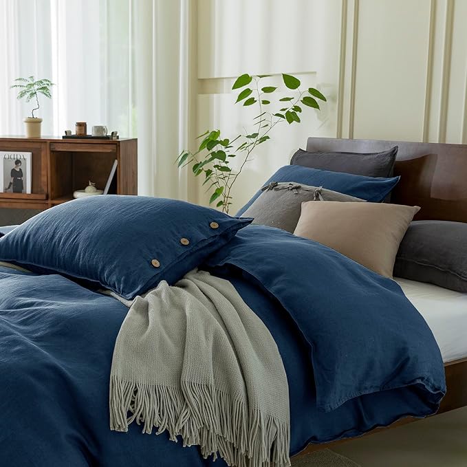 EVERLY 100% Pure Linen Duvet Cover Set Oversized King120X98Inch 3pcs (1 Duvet Cover,2 Pillowcases) Soft and Breathable for All Season with Coconut Button Closure, Suitable for Hot Sleepers-Navy Blue