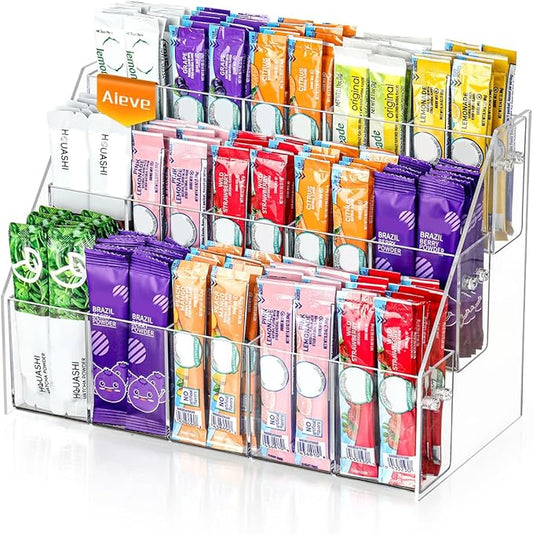 AIEVE Drink Packet Organizer with 15 Compartments, Water Packet Organizer for Water Flavor Drink Mix, Easy Assembly Acrylic Sugar Packets Holder for Cabinet Kitchen Storage Organization