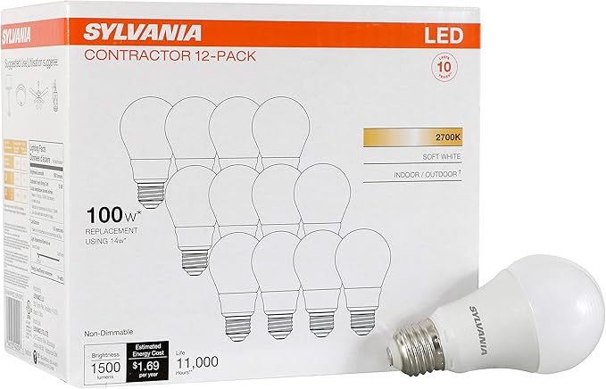 Sylvania LED A19 Light Bulb, 100W Equivalent Efficient 14W, Medium Base, Frosted, 1500Lumens, 2700K, Soft White - 12 Pack (40204)