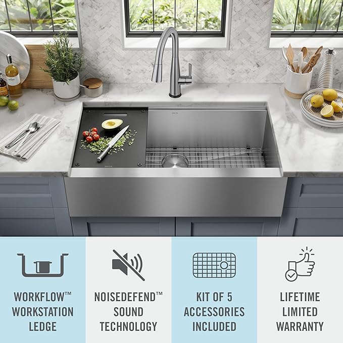 DELTA FAUCET Rivet 36-inch Workstation Farmhouse Apron Front Kitchen Sink Undermount 16 Gauge Stainless Steel Single Bowl with WorkFlow Ledge and Kit of 5 Accessories, 95C9031-36S-SS