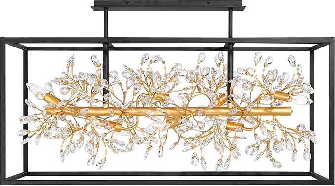 Possini Euro Design Carrine 38 1/2" Modern Semi Flush-Mount Ceiling Light Fixture Kitchen Foyer Hallway Linear Unique 8-Light Satin Black Gold Finish Crystal Metal Bedroom Bathroom Entryway