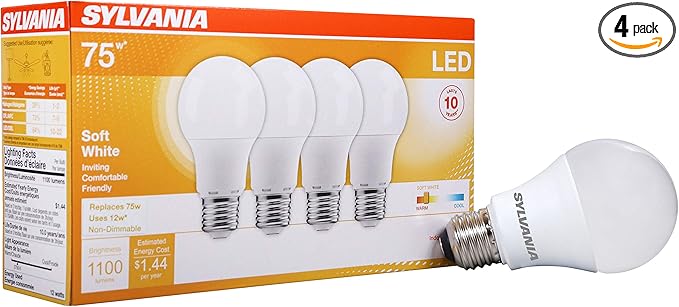 Sylvania LED Light Bulb, 75W Equivalent A19, Efficient 12W, Medium Base, Frosted Finish, 1100 Lumens, Soft White - 4 Pack (78097)