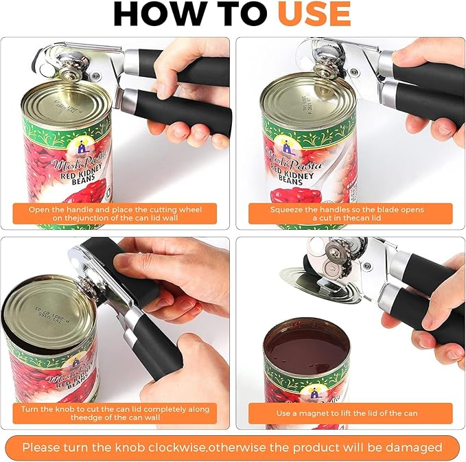 Can Opener Manual - Stainless Steel Heavy Duty Tin Opener Smooth Edge, Food-Safe Comfortable to Grip, Dishwasher Safe Anti Slip, Soft Ergonomic Handles Handheld Can Opener for Seniors Kitchen Camping