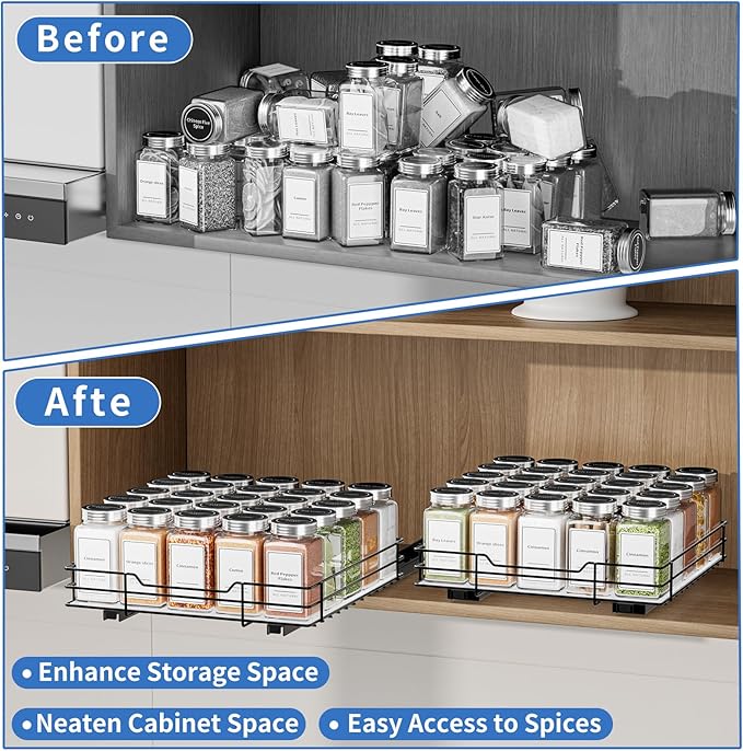 Pull Out Spice Rack, Slide Out Spice Rack for Cabinet, Spice Organizer for Kitchen and Pantry, Fits Spices, Sauces, Canned Food (10.5''Wx10.5''Dx2.5''H)
