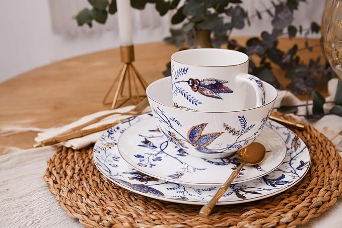 Bulgary Plates and Bowls Sets Dishes Set for 4, Ceramic Plates and Bowls Set, Service for 4, Bone China Dinnerware Set Salad Dessert Plates, and Cereal Bowls Set, Microwave safe by KOKEN