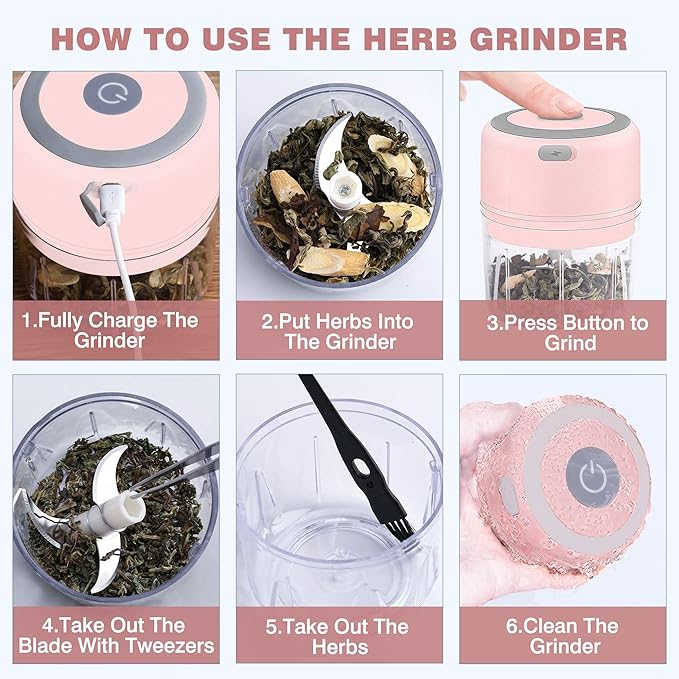 Electric Herb Grinder - 3.5 Inch Large Grinders for Grinding Dry Fresh Herbs and Spice with Clear Chamber, Portable USB Charge Herb Grinder, Including Clean Brush and Tweezers, Gift Box, Pink