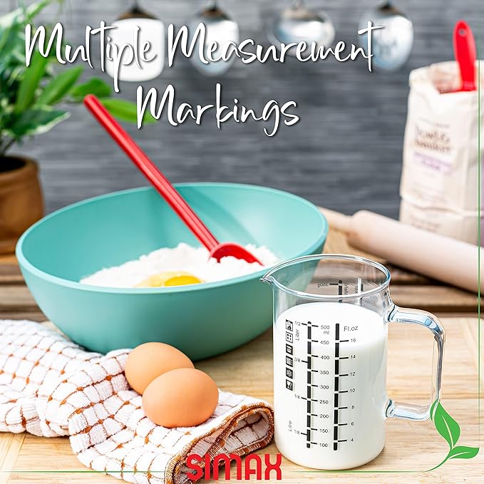 Simax Glass Measuring Cup: 16 Oz Measuring Cups Glass - Liter, Oz and Ml Measuring Cup for Liquid - Borosilicate Glass Metric Measuring Cups in Gram - Measure Flour and Sugar Grams - Easy Pour Spout