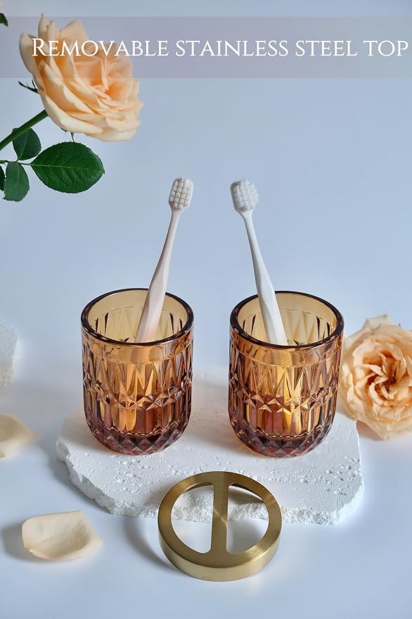 Amber Bathroom Accessories Set, 5Pcs Clear Glass Bathroom Sets, Hand Soap Dispenser, Soap Dish, Toothbrush Holder Set, Qtips Holder for Crystal Vintage Bath Decor, Set