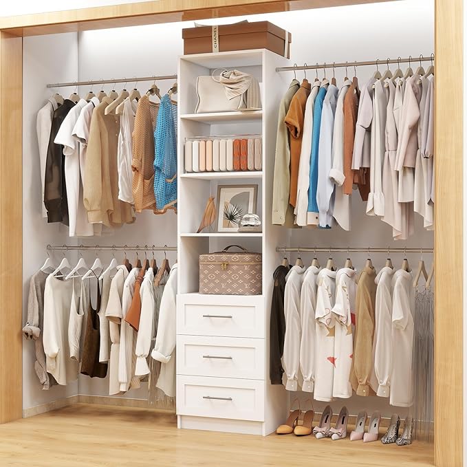 Closet System with Drawers, 5FT-8FT Custom Closet Organizer System 99" Walk in Wood Closet Storage System with 4 Expandable Hanging Rods Wall Mount White