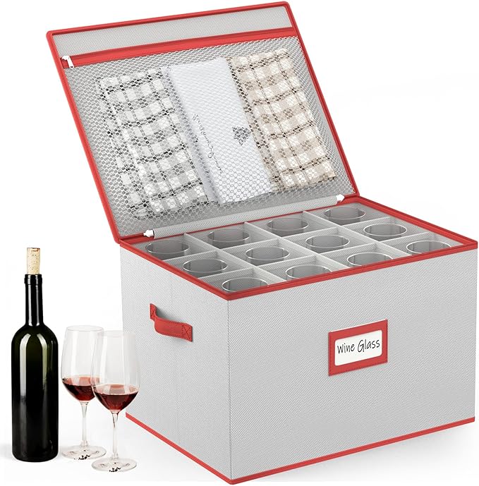 homyfort Wine Glass Storage Box with Dividers, China Stemware Storage Containers Hard Shell, Service for 12 Crystal Wine Glasses Or Goblet (Grey)