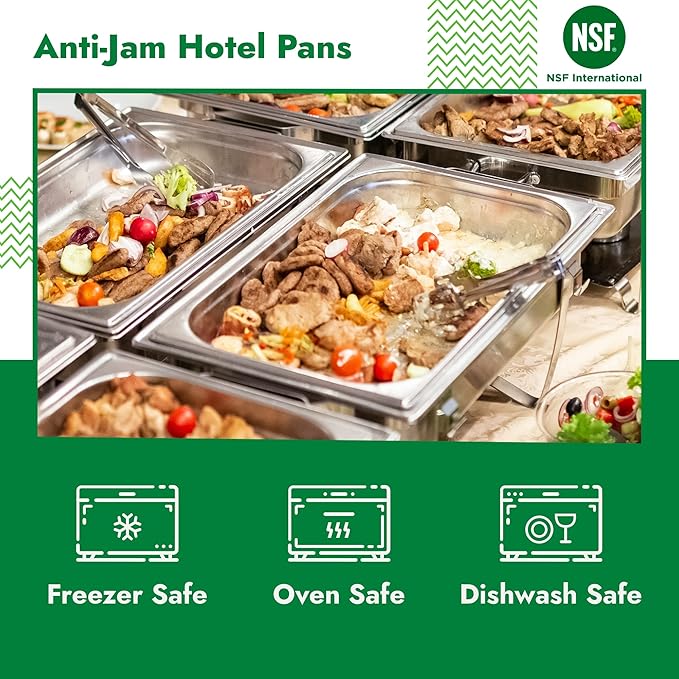 HECMAC 6 Pack Anti-Jam Hotel Pans, 1/4 Size 4 Inch Deep, Commercial Stainless Steel Chafing Steam Table Pan, Catering Storage Metal Food Pan