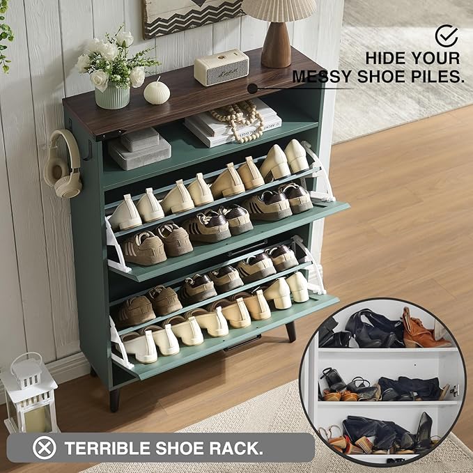 Shoe Storage Cabinet,Farmhouse Shoe Organizer with 2 Flip Drawers & Barn Door Design,Freestanding Hidden Slim Narrow Shoe Rack Cabinet with Open Storage for Entryway, Foyer,Hallway,Green