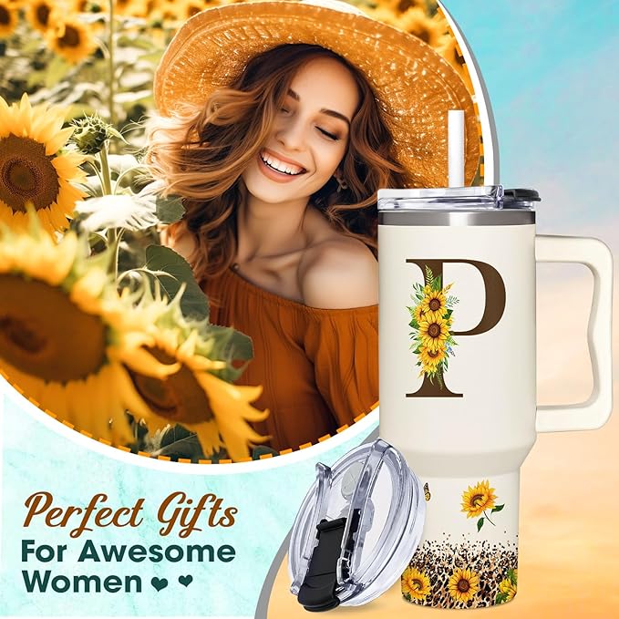 Personalized Birthday Gifts For Women - Sunflowers Monogrammed Cup For Boss Day, Christmas - Customized Gifts For Women, Mom, Wife, Coworkers, Boss Lady, Her - Custom Tumbler With Handle 40oz