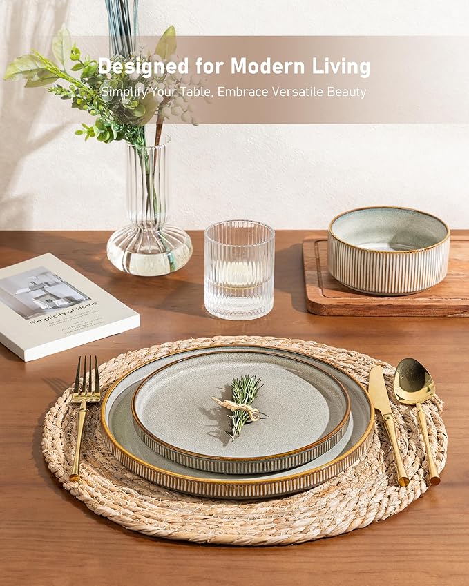 GBHOME Stoneware Dinnerware Sets for 4,Round Reactive Glaze Ceramic Plates and Bowls Set,Highly Scratch Resistant | Dishwasher & Microwave Safe Dishes Set,Service for 4(12Pcs),Green Wheat