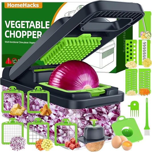 HomeHacks Vegetable Chopper Vegetable Cutter, 15 in 1 Kitchen Gadget, Dicer, Slicer, Onion Cutter, Salad, Cheese Grater & Egg Separator - Multi-Functional Veggie Chopper Lid with Handle (Green)