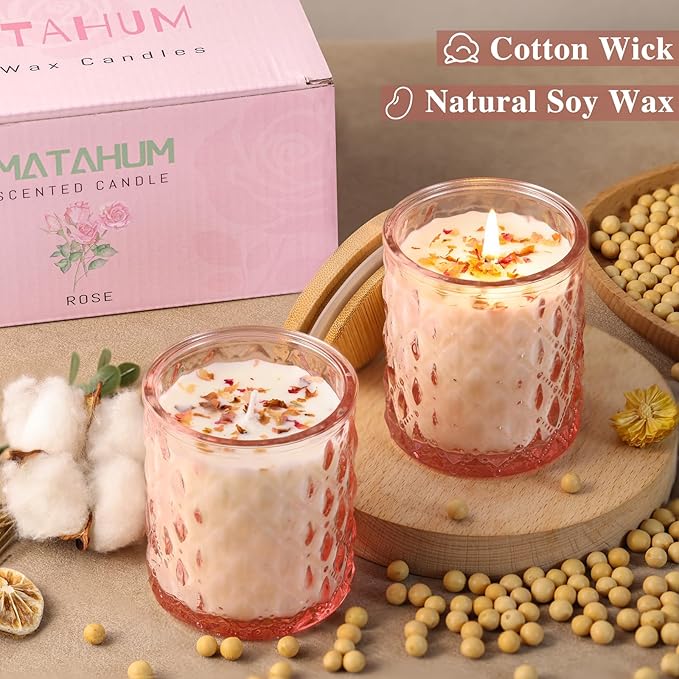 2 Pack Rose Scented Candles for Home Decor, 6.5oz Natural Soy Wax Aromatherapy Jar Candles, Housewarming Gift for Women