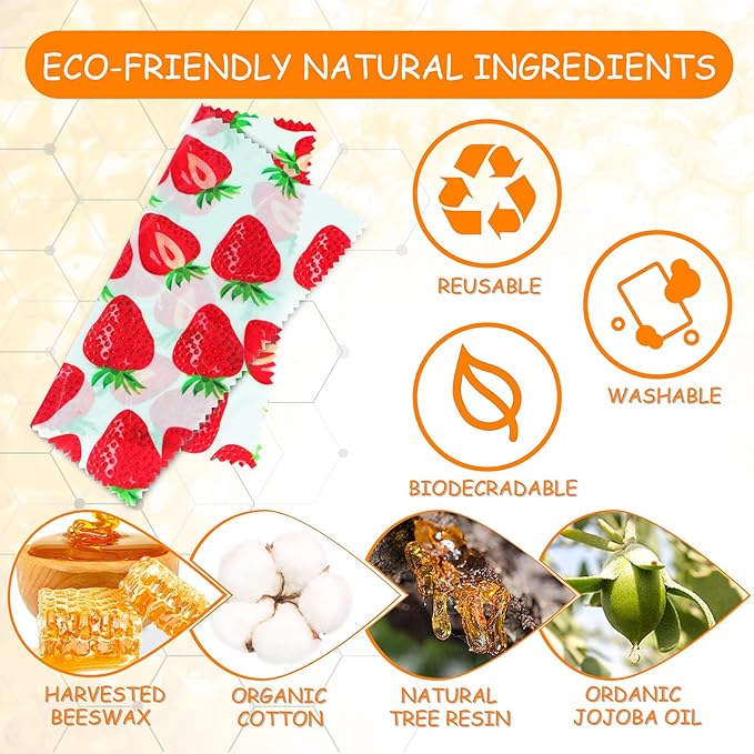 Reusable Beeswax Wrap, 11 Pack Eco-Friendly Beeswax Wraps For Food, Organic, Sustainable, Biodegradable, Zero Waste, Plastic-Free Food Storage, 1L Avocado, 2M Cherry, 4S Strawberry, 4XS Lemon Patterns