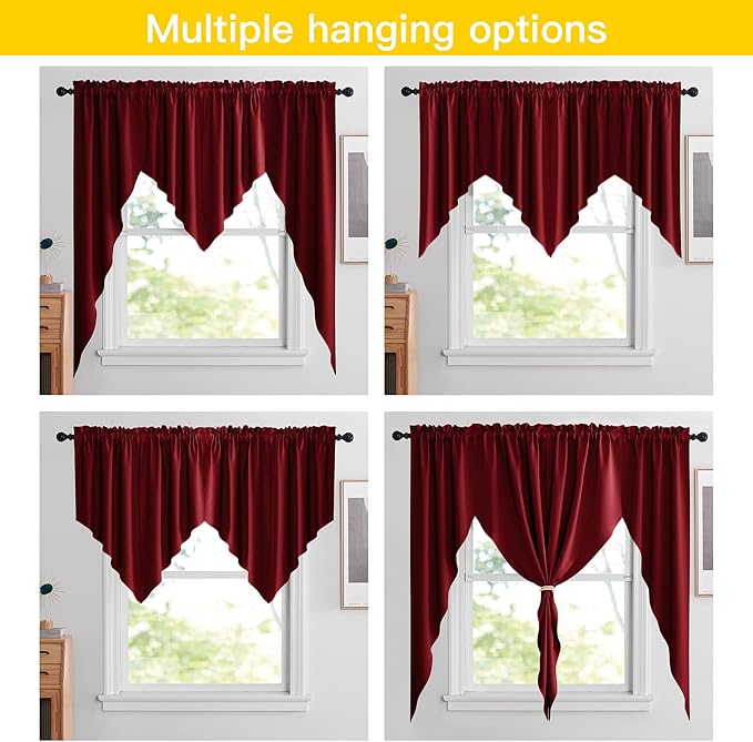 NICETOWN Blackout Kitchen Tier Curtains- Rod Pocket Tailored Scalloped Valance/Swags for Basement (1 Set, 72 inches Wide Combined, 63 inches Long, Burgundy Red)