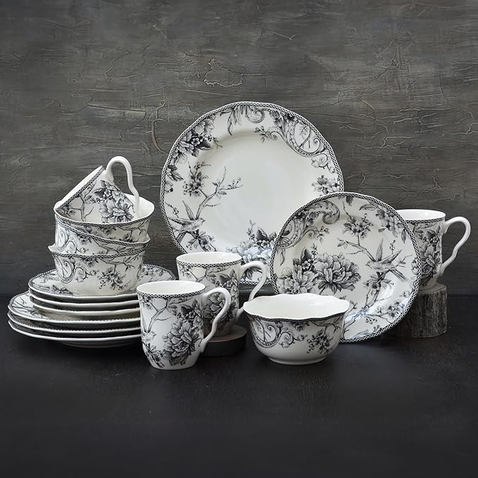 222 Fifth Adelaide 16-Piece Black Porcelain Dinnerware Set – Service for 4, Featuring Hand-Applied Romantic Woodland Bird Design, for Everyday Dining & Entertainment, Microwave & Dishwasher Safe