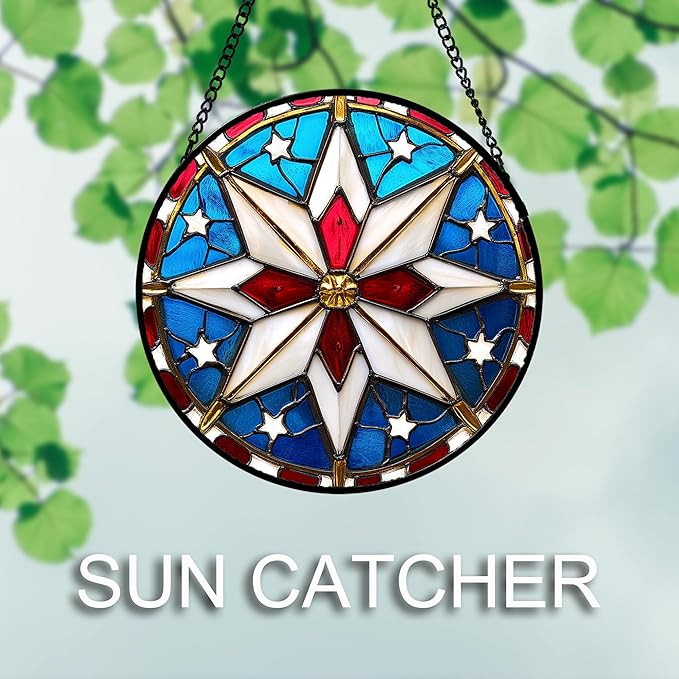 Stained Glass Window Hanging 4 Pcs Set Abstract Flowers in Red White Blue 9.8" - Suncatcher Door Garden Sun Catcher Decor Birthday Mother's Day Xmas Gift for Mom Woman Nana Men Parents