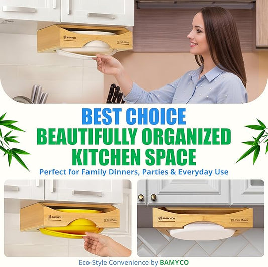 Bamboo Paper Plate Dispenser Under Cabinet for 10 Inch Paper Plates - Plate Organizer for Cabinet – Storage Paper Plate Holders for Kitchen organizer and Plastic Dinner Plates Disposable