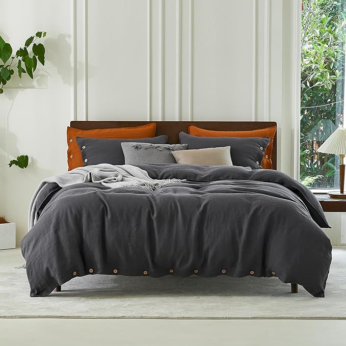 EVERLY 100% Pure Linen Duvet Cover Set Twin Size 68X90Inch 3pcs (1 Duvet Cover,1Pillowcases) Soft and Breathable for All Season with Coconut Button Closure, Suitable for Hot Sleepers-Dark Grey