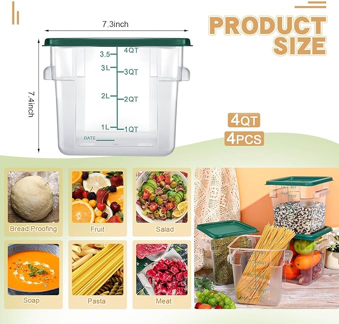 Maxcheck 4 Pcs 4qt Food Storage Container with Lids Bulk Clear Commercial Food Storage Bins with Scale Handle Space Saving Restaurant Tubs for Kitchen Prep Proof Dough Marinating Meat(Green)