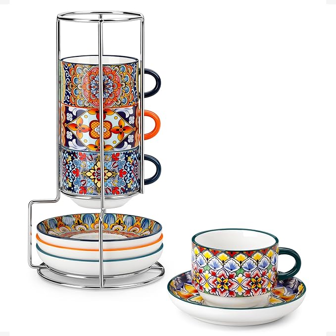 vancasso 8 Oz Stackable Espresso Cups with Saucers and Metal Stand Set of 4,Bohemian Ceramic Cappuccino Cups - Microwave and Dishwasher Safe, Perfect For Tea, Espresso, Latte, Cafe-03
