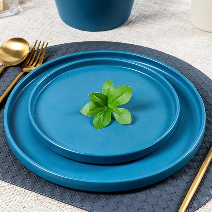 Dinnerware Sets for 4 - CJDC-QUELO 12-Piece Stoneware Plates and Bowls Sets, Ceramic Dishware Sets for Kitchen Use and Formal Dining, Chip and Scratch Resistant Microwave Dishwasher Safe, Blue