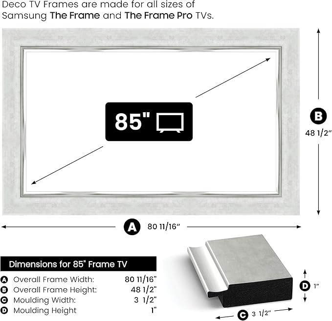 Contemporary Silver 85" Premiere Deco TV Frame - Compatible ONLY with Samsung The Frame TV and Pro TVs (Fits 2021-2025, LS03A, LS03B,LS03C,LS03D,LS03FA,LS03FW)