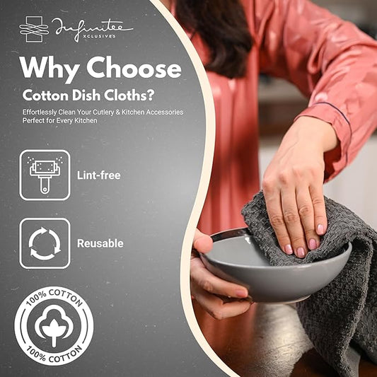 Infinitee Xclusives Premium Dish Cloth 100% Cotton 12 x 12 Inches |Pack of 4| - Ultra Soft Tea Towels - Highly Absorbent Kitchen Rags - Terry Dishcloth for Kitchen and Household Cleaning |Grey|