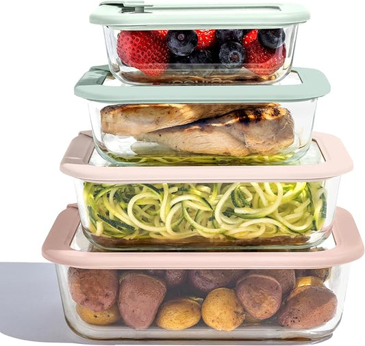 Bentgo Signature Leak-Proof Glass Food Storage - 8-Piece Set, 1-Compartment Plastic-Free Containers with Airtight Glass Lids, BPA-Free, Microwave, Freezer, Oven & Dishwasher Safe (Desert Sage)