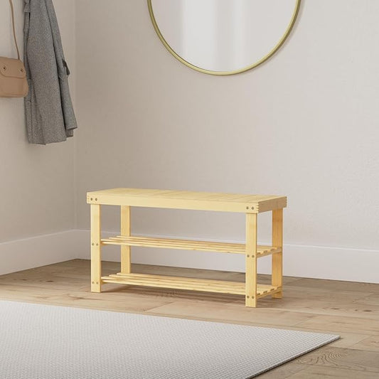 SMIBUY Bamboo Shoe Rack Bench, 3-Tier Shoe Organizer Storage Shelf for Entryway Hallway Bathroom Living Room (Natural)