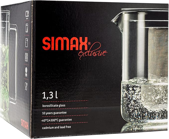 Simax Glassware 1 Quart Teapot with Metal Mesh Infuser | Plastic Lid, Microwave and Stovetop Safe, Heat, Cold, and Thermal Shock Resistant Borosilicate Glass, Makes a Stunning Presentation