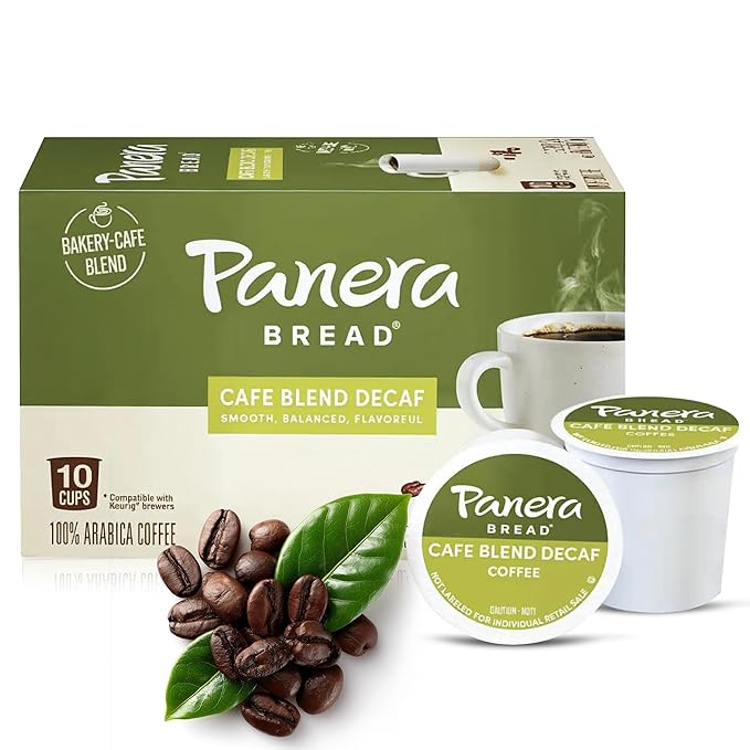 Panera Cafe Blend Decaf Coffee Pods, Medium Roast Cups - 100% Arabica, Smooth & Balanced with Caramel Notes, Sustainably Sourced, No Bitterness 10 Single Serve Pods (1 Pack of 10)