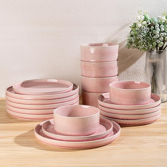 GBHOME Stoneware Dinnerware Sets for 4,Round Reactive Glaze Ceramic Plates and Bowls Set,Highly Scratch Resistant | Dishwasher & Microwave Safe Dishes Set,Service for 4(12Pcs),Pink