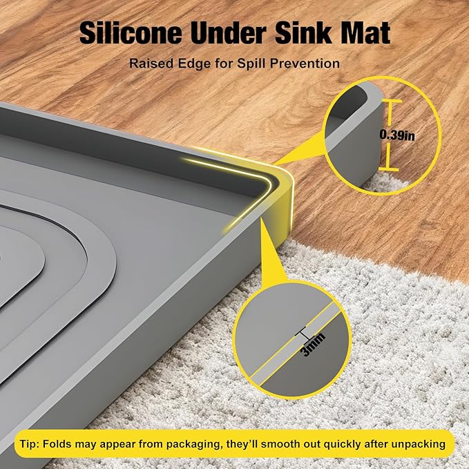 Under Sink Mat 28" X 19", Waterproof Silicone Under Sink Mats for Kitchen, Anti-Leak Shelf Liner & Cabinet Protector with Raised Edge, [BPA Free] Bathroom Tray Home Organizer, Grey