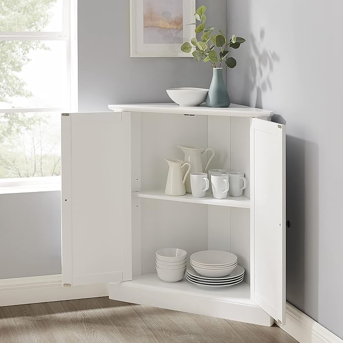 Crosley Furniture Shoreline Stackable Corner Pantry Storage Cabinet with Shelves, Kitchen, Dining, Laundry, White