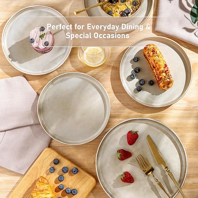 GBHOME Stoneware Dinnerware Sets for 8,Round Reactive Glaze Ceramic Plates and Bowls Set,Highly Scratch Resistant| Dishwasher & Microwave Safe Dishes Set,Service for 8(24pc)，Cappuccino