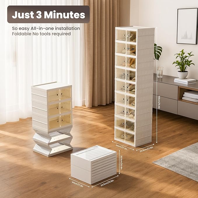 Foldable Shoe Organizer Storage Box, Portable Extra Large Folding Shoe Rack for Closet, Shoe Storage Box with Magnetic Transparent Door and Wheels, 9 Layers 18 Grids