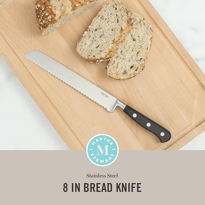 Martha Stewart Carverton 8" Bread Knife, High Carbon Stainless Steel Kitchen Knives w/Black Triple Riveted Handle